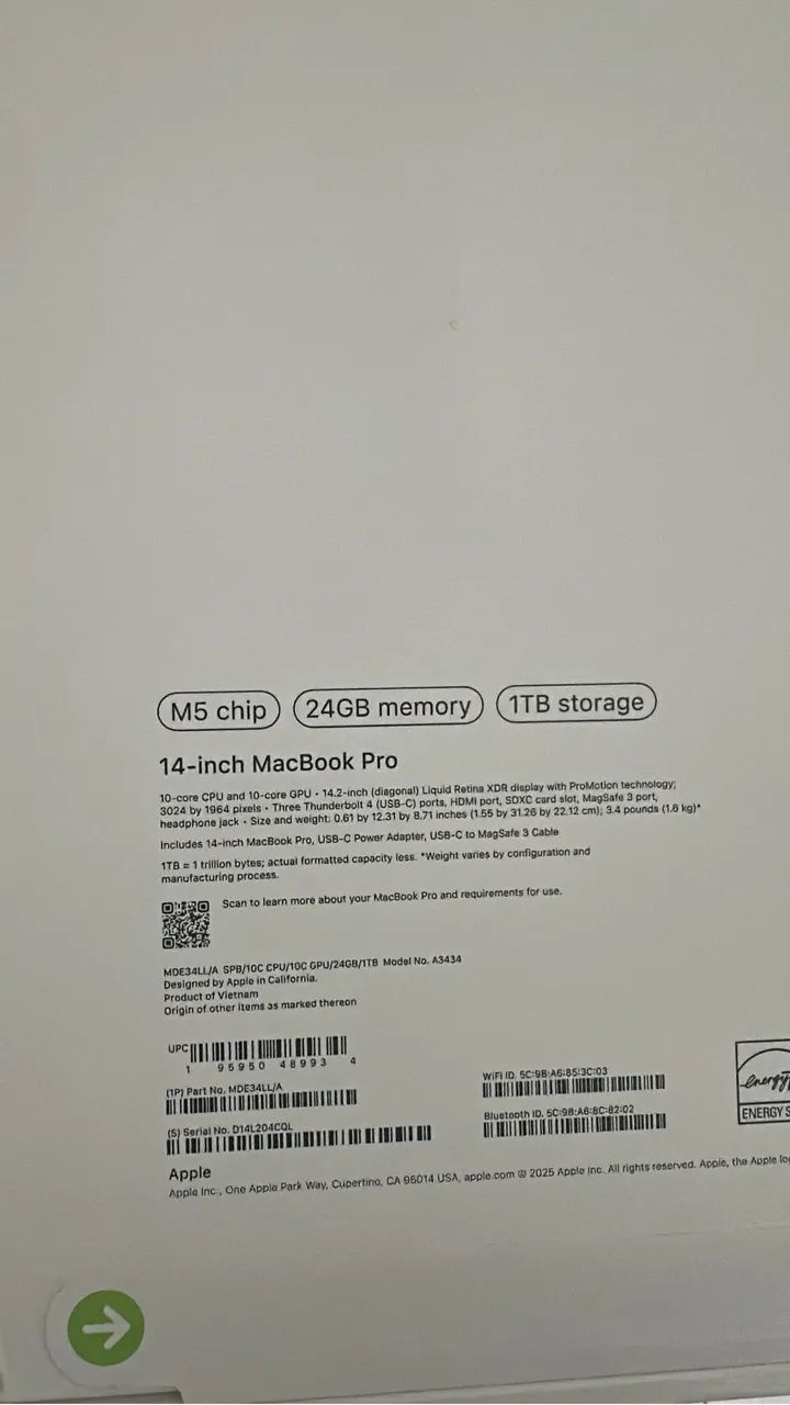 MacBook Pro M5 14.2 24GB- 1TB SSD - Space black 