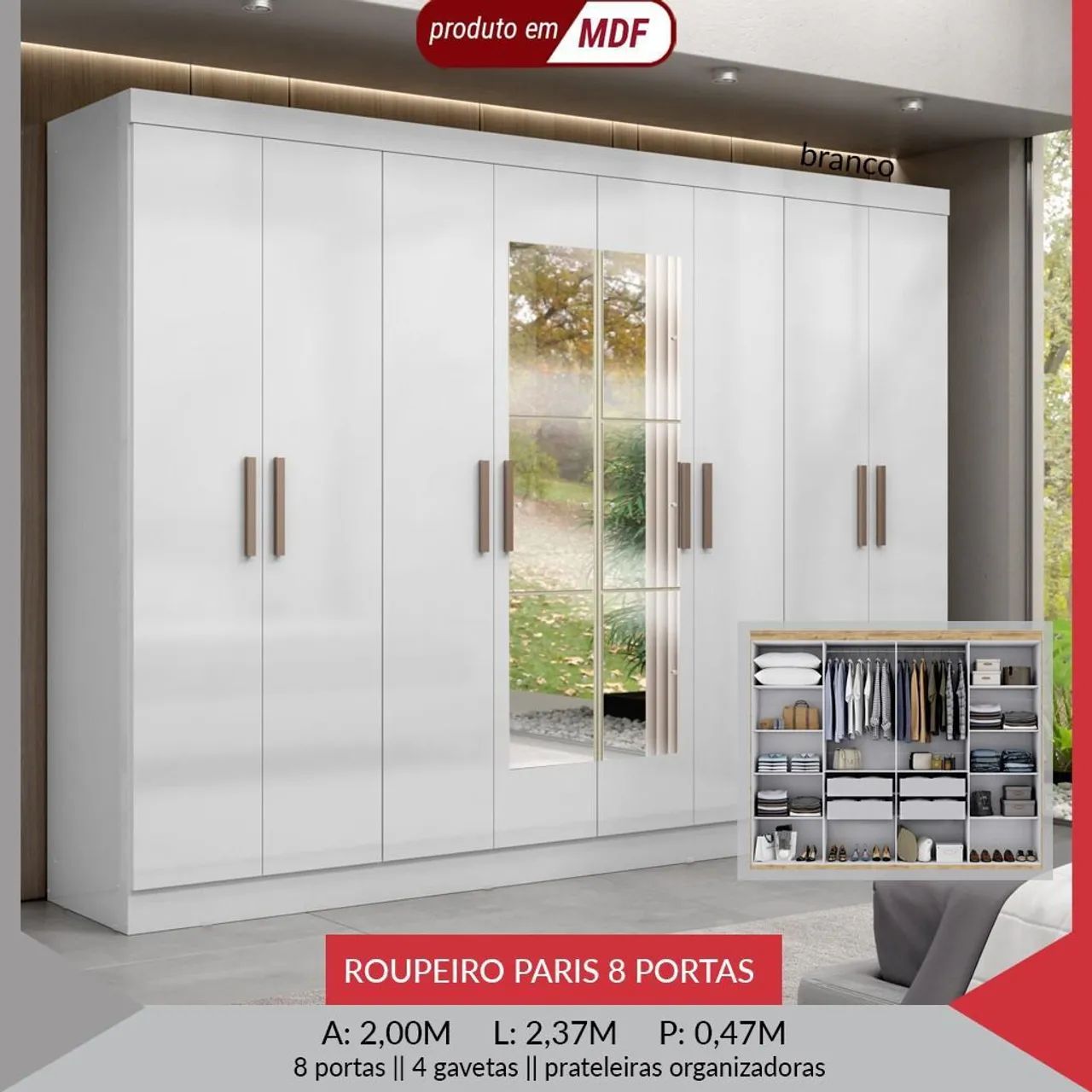 Guarda roupa Paris 8P Com espelho - Branco 