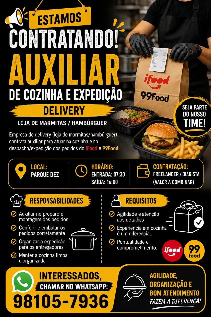 Auxiliar de Cozinha e Expedição ? Delivery 
