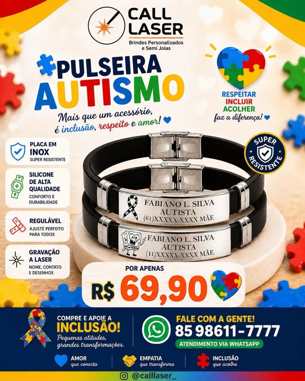 Pulseira Tema Autismo em Silicone com Aço - Personalizad