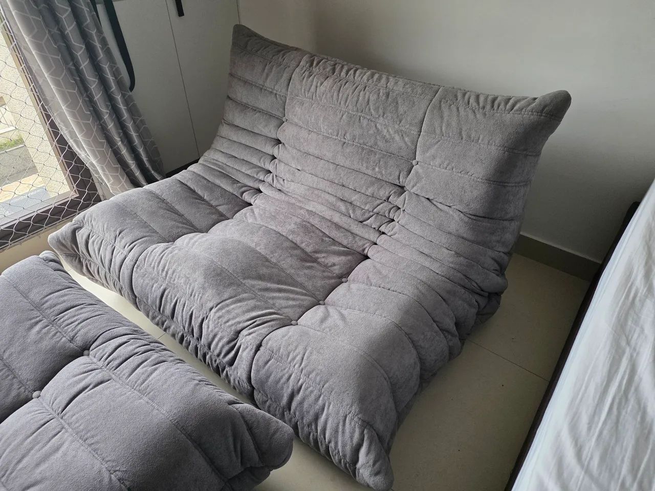Two-Seat Togo Sofa in Bouclé Fabric by Eurovix Decor + Footrest Puff in Impeccable Condition