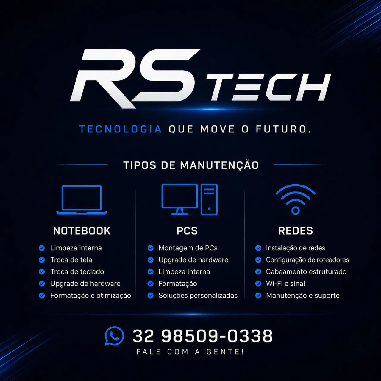 Serviços de manutenção de computadores, notebooks e redes.