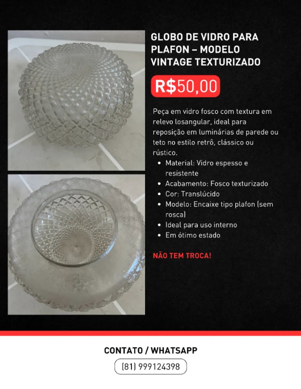 Globo de vidro para plafon - modelo vintage texturizado