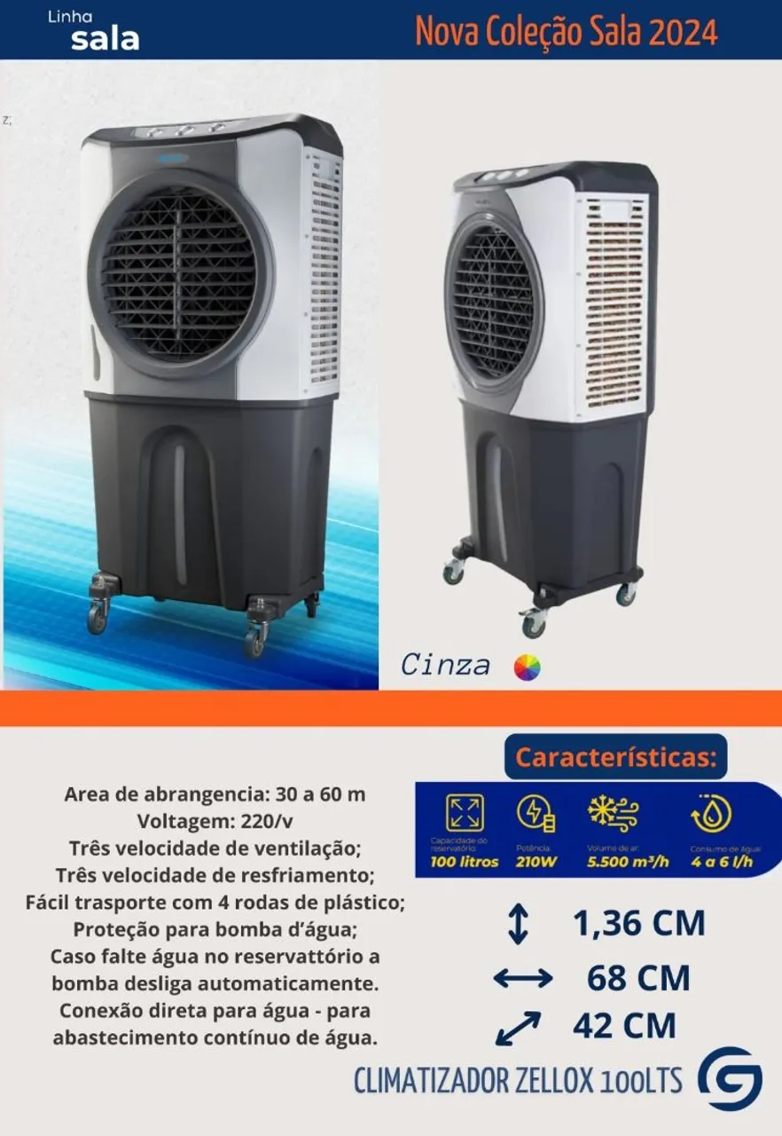 Climatizador de Ar Zellox 100LTS - Cinza