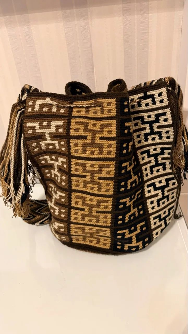 Bolsa Wayuu Legítima Tecida à Mão - Boho Chic Marrom e Bege - Foto 2