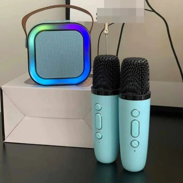 Caixa De Som Mini Karaoke Com 2 Microfones Sem Fio Com Led - Entrega Das 9 até 22hrs - Foto 2