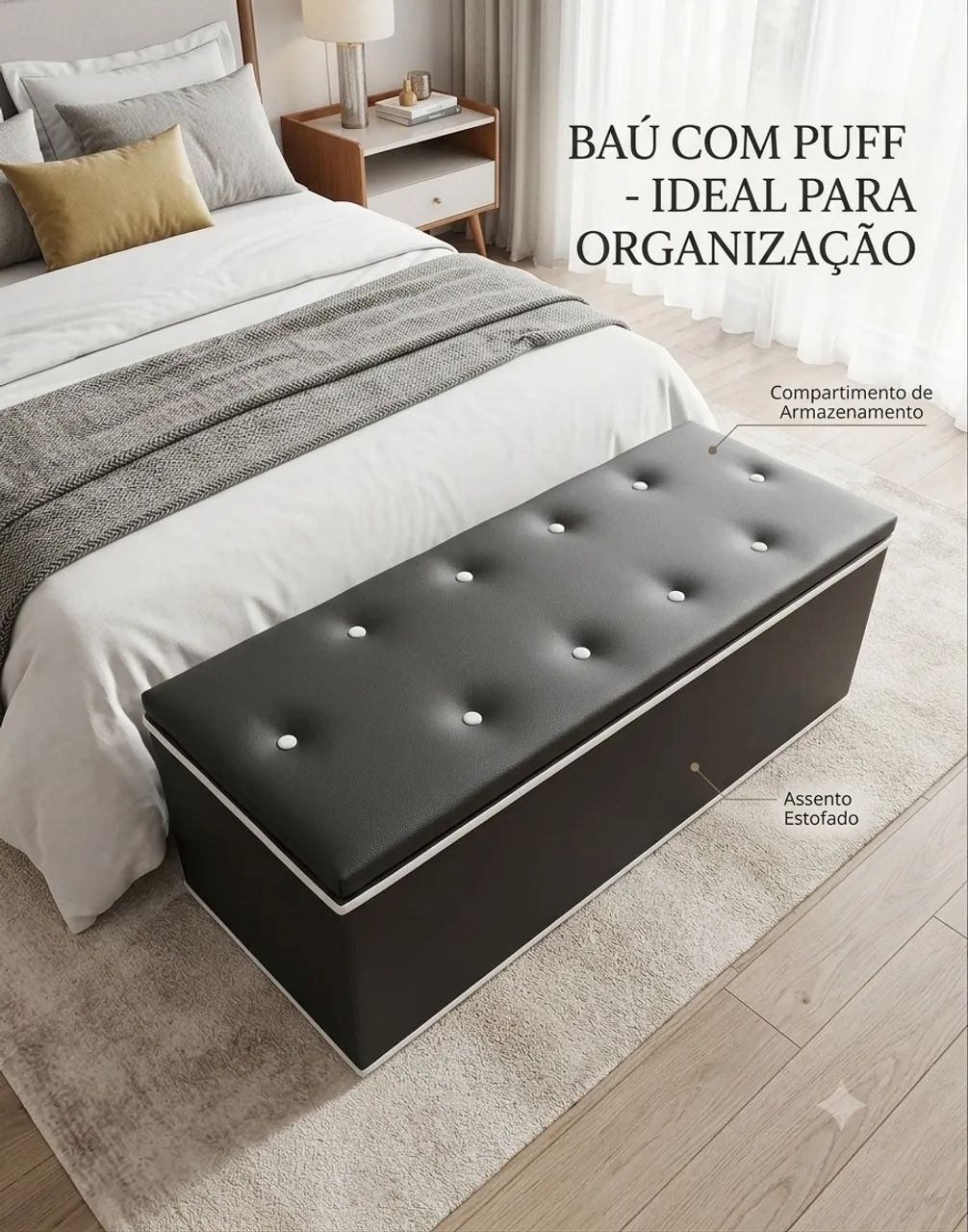 Puff baú grande forrado 1,20x47 para quarto, sala