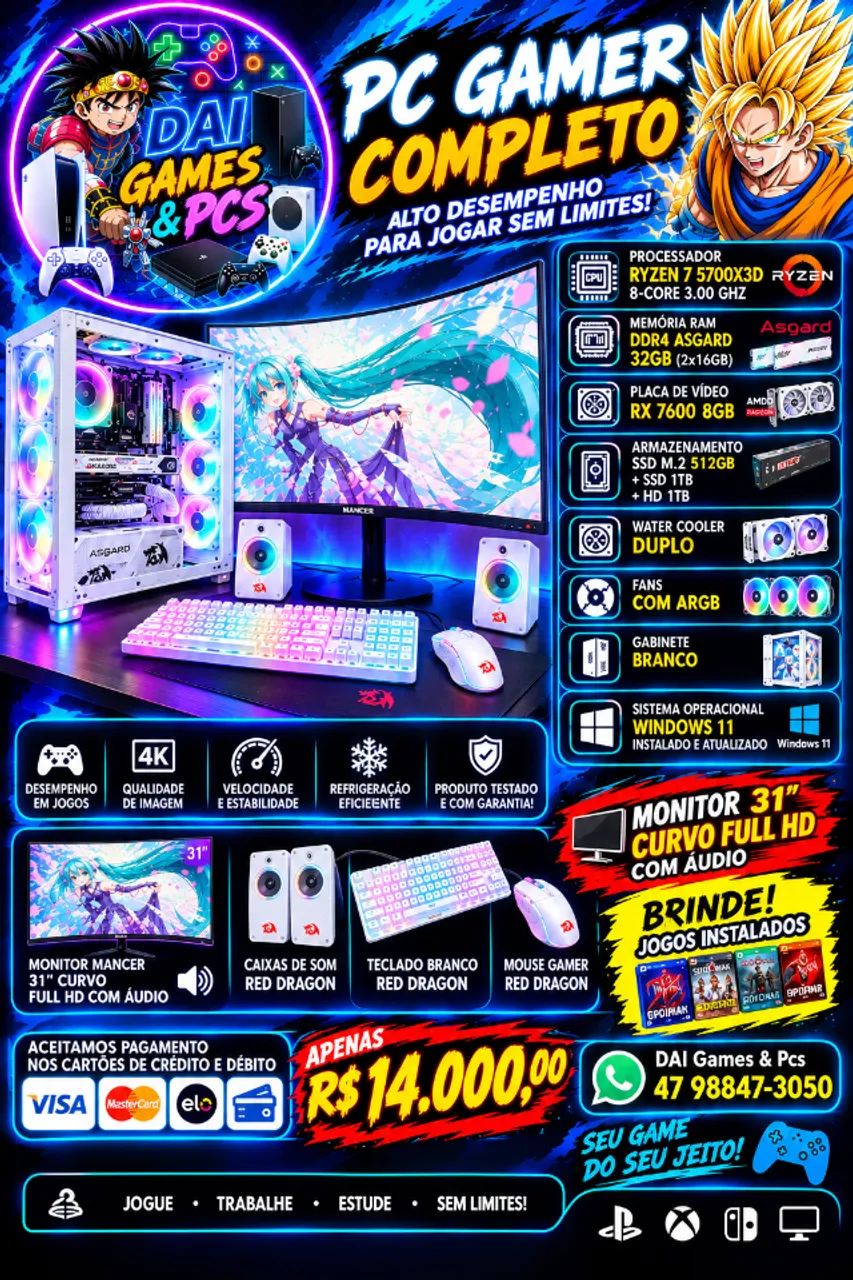 PC Gamer completo branco + Tela 32 com audio