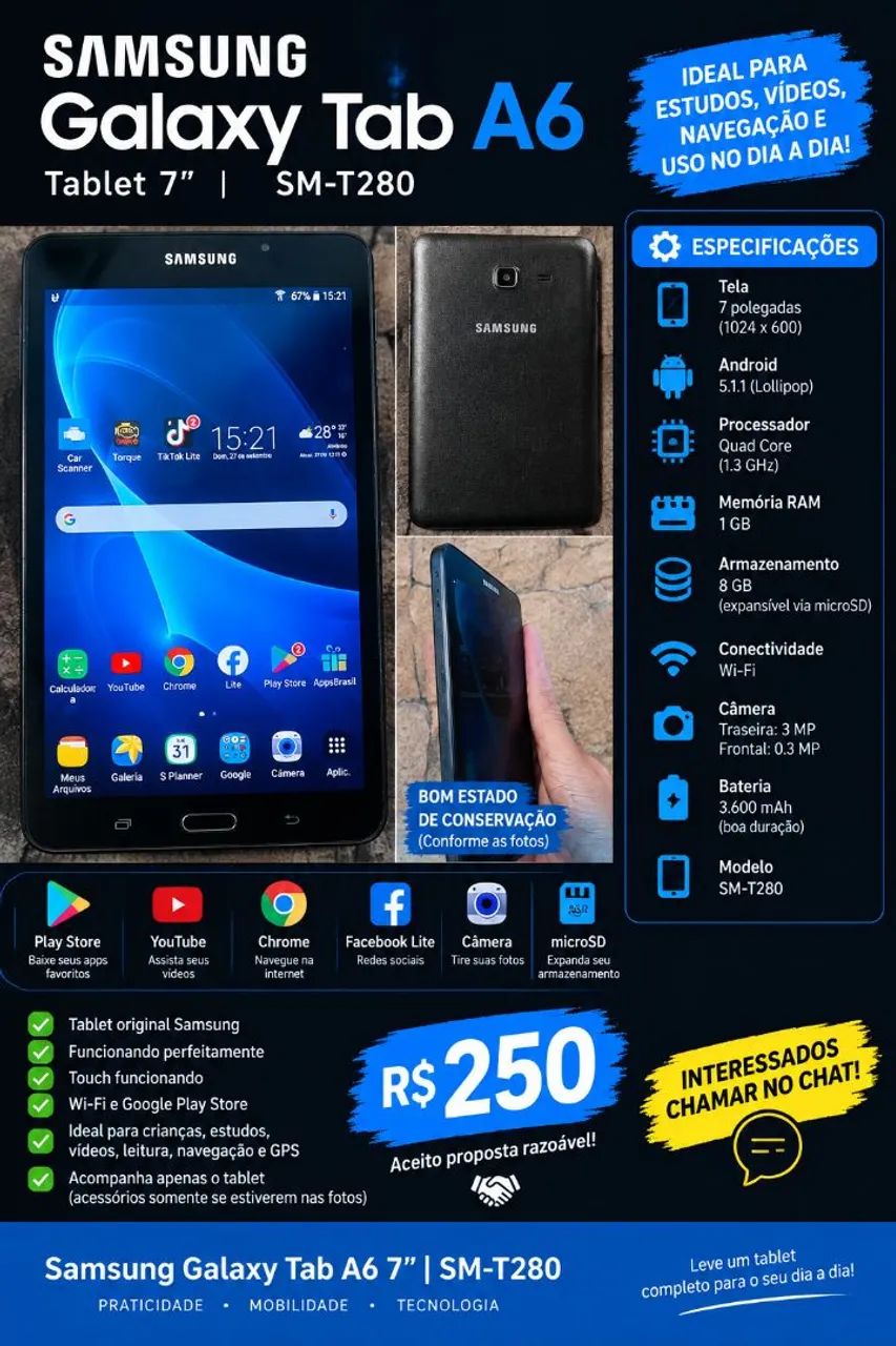 Samsung Galaxy Tab A6 7" SM-T280 - Wi-Fi - Funcionando