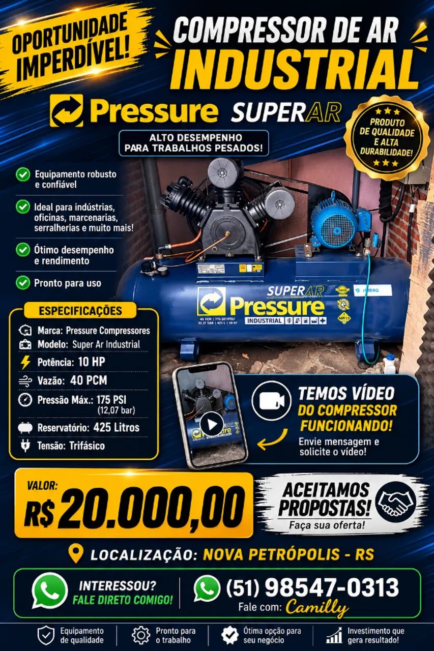 ? OPORTUNIDADE! COMPRESSOR DE AR INDUSTRIAL PRESSURE SUPER AR ?