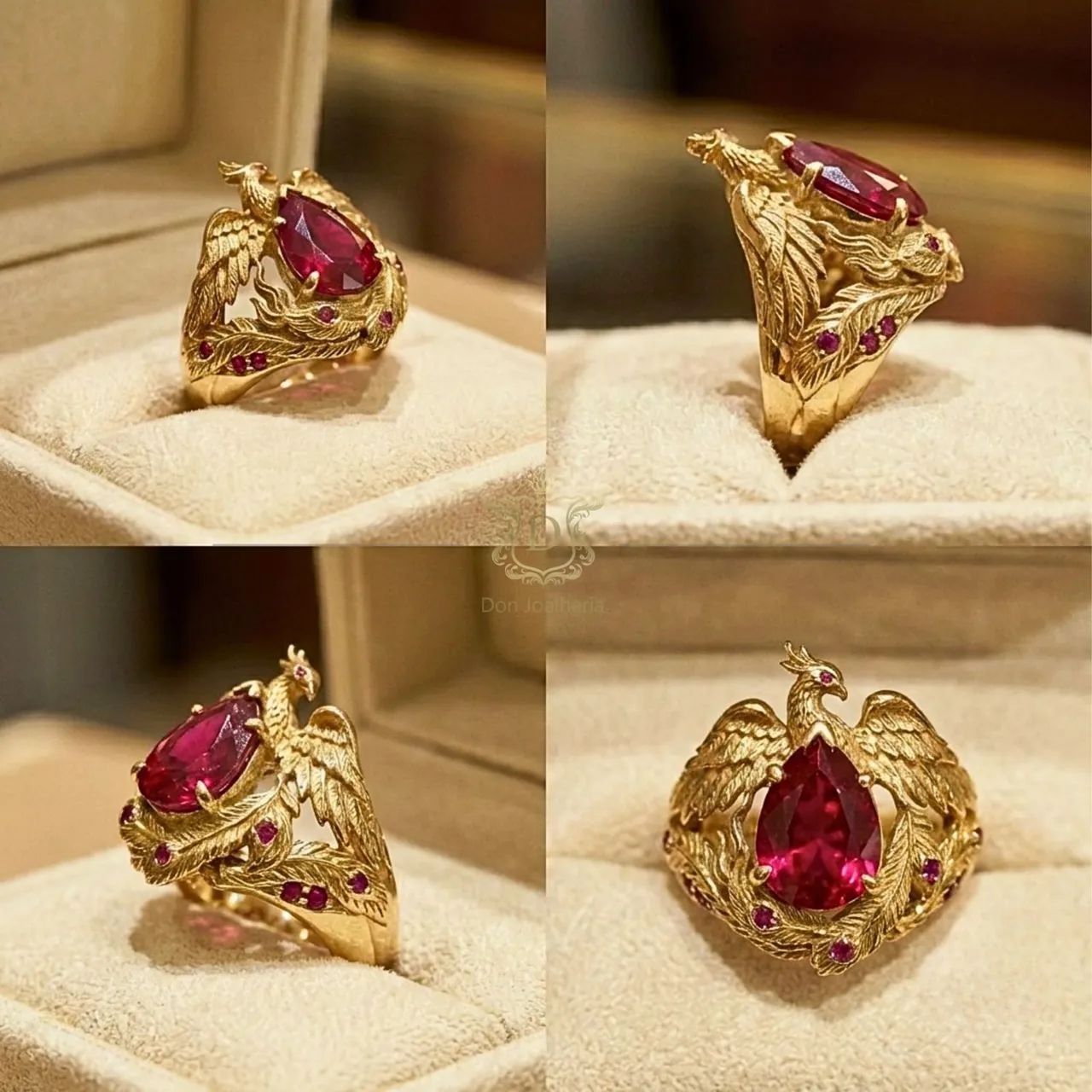 Anel Fênix Rubi Pear em Ouro 18K 750