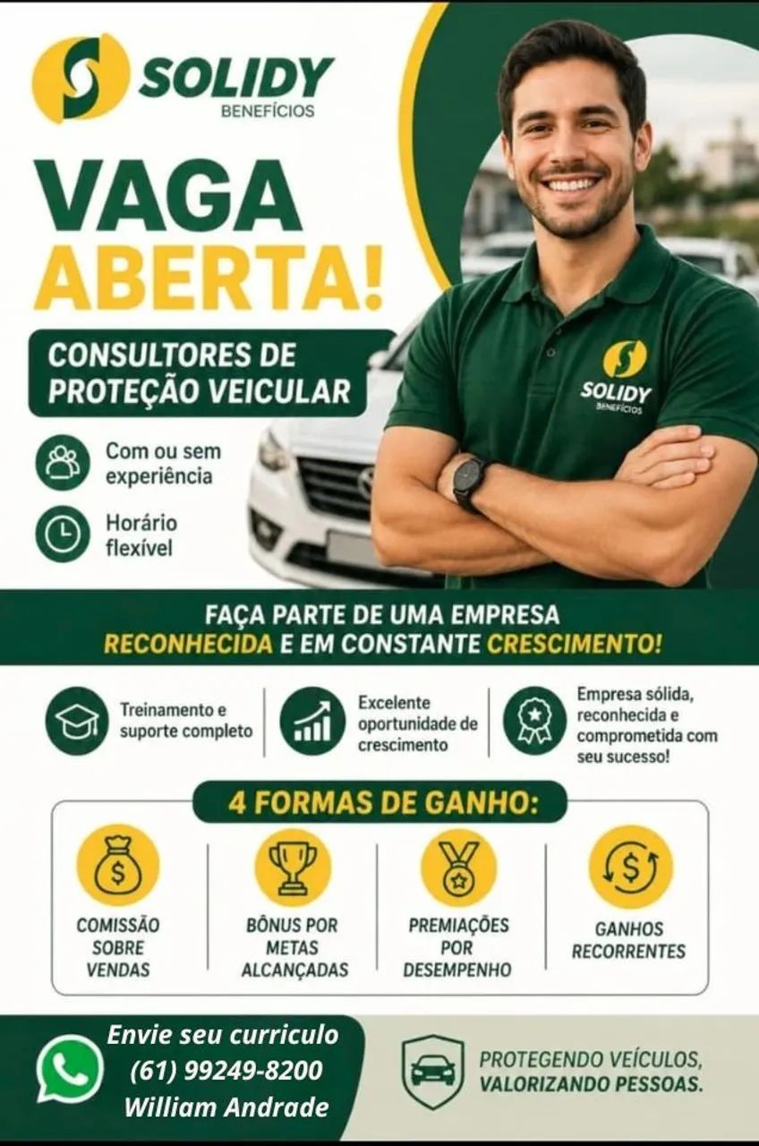 ? Vaga: Consultor de Vendas / Proteção Veicular - Início Imediato