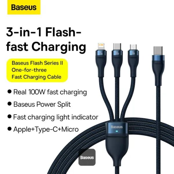 Cabo Carregador Baseus 3Em1 Triplo 100w Usb E Micro Para iPhone, Xiaomi Macbook iPad Pro - Foto 3