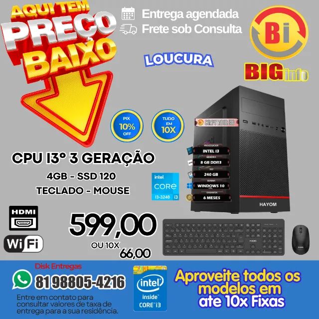 Computador Intel Core i3 SSD 240gb Memória Ram 8gb - Em ate 10x Fixas
