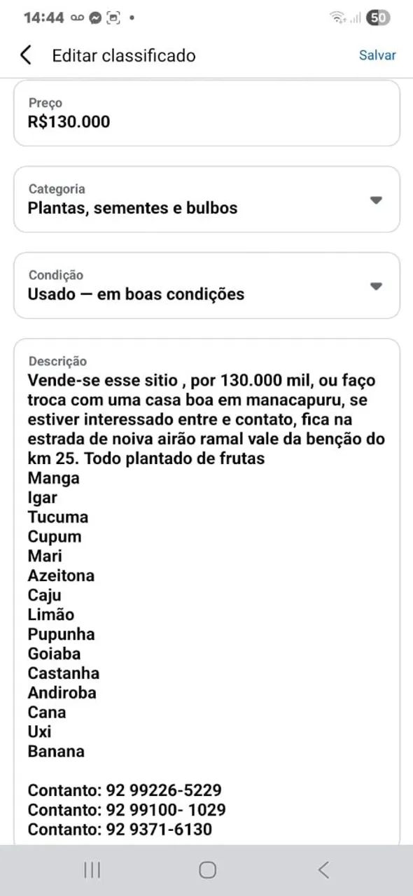 Vende este sítio ou troca casa em mana mesmo valor
