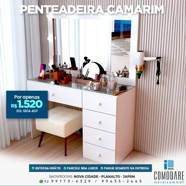 Penteadeira Camarim 110 cm com Espelho e Gavetas - R$ 1.520