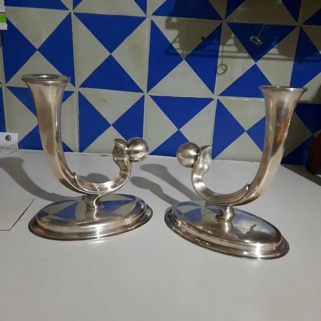 Dupla 2 Castiçais Espessurados em Prata Eberle Anos 50