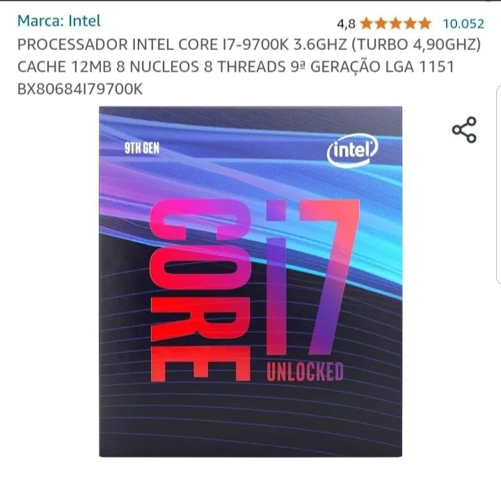 Processador i7 9700k usado apenas 3 meses