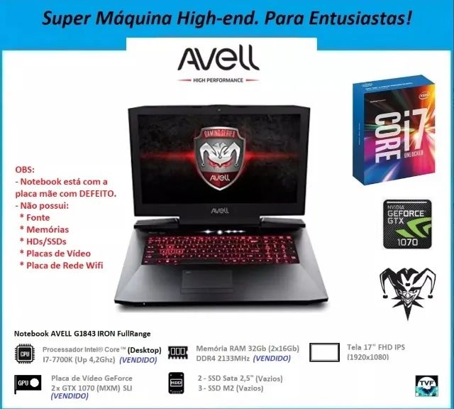 Notebook Gamer Top Avell I7 Mxm Gtx 1070 Sli Gsync (defeito