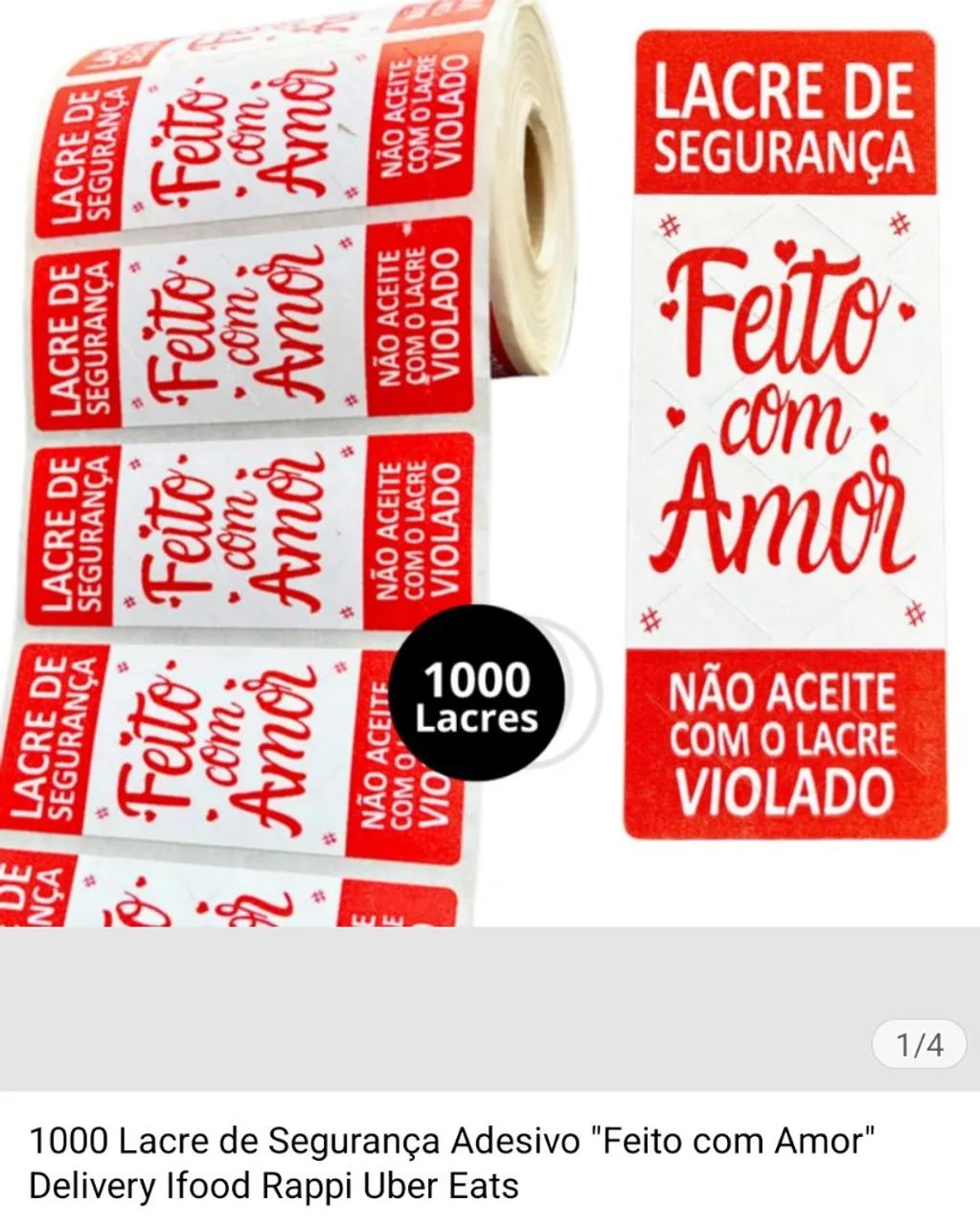 1000 Lacres de Segurança Adesivo 'Feito com Amor'