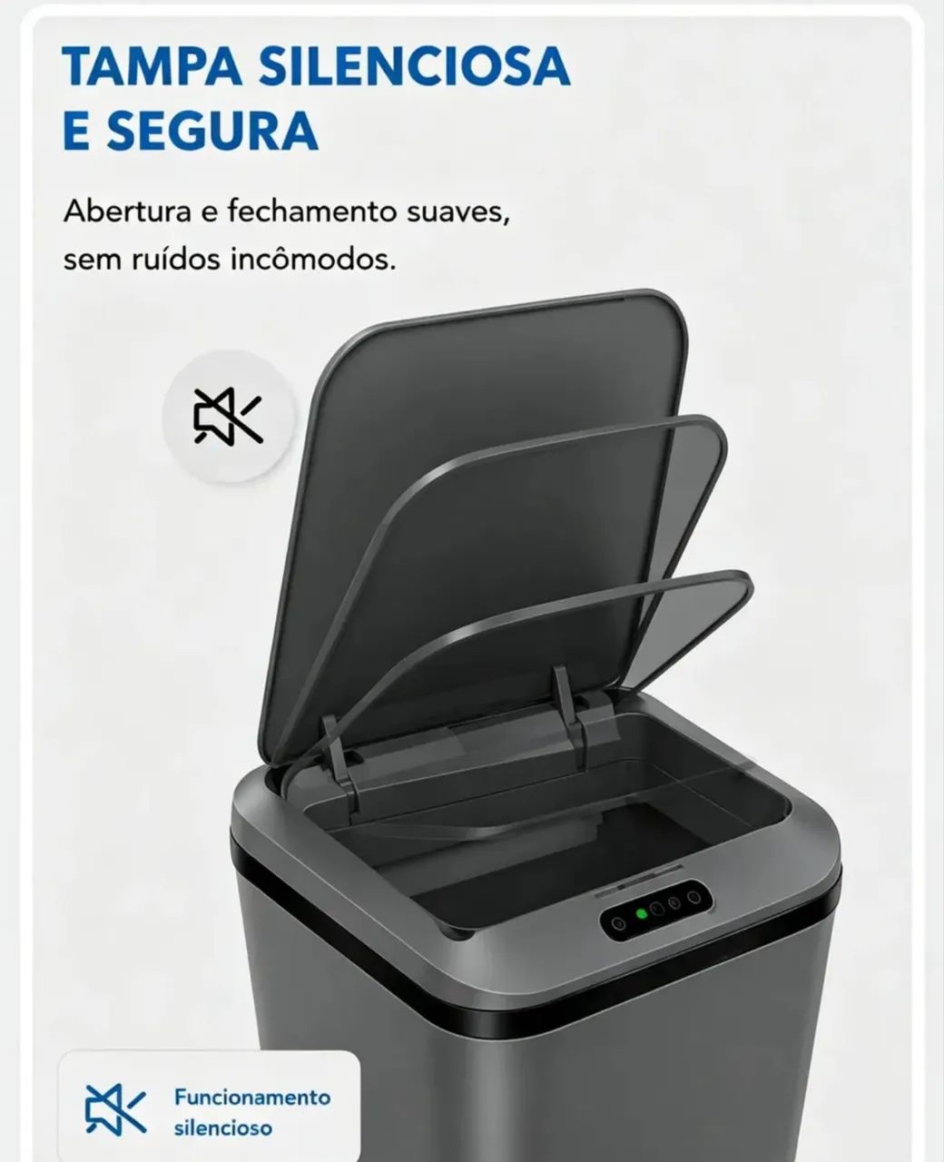 Lixeira Inteligente Sem Contato Sensor Infravermelho + USB Recarregável, Cinza Escuro 16L - Foto 2