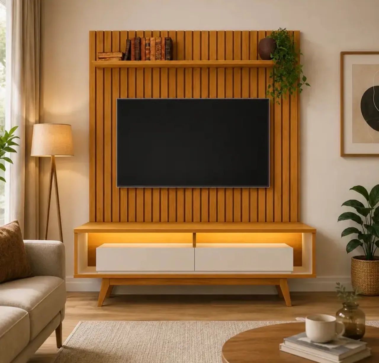 Rack com Painel 180cm com Prateleira e Led 2 Gavetas Ripado p54