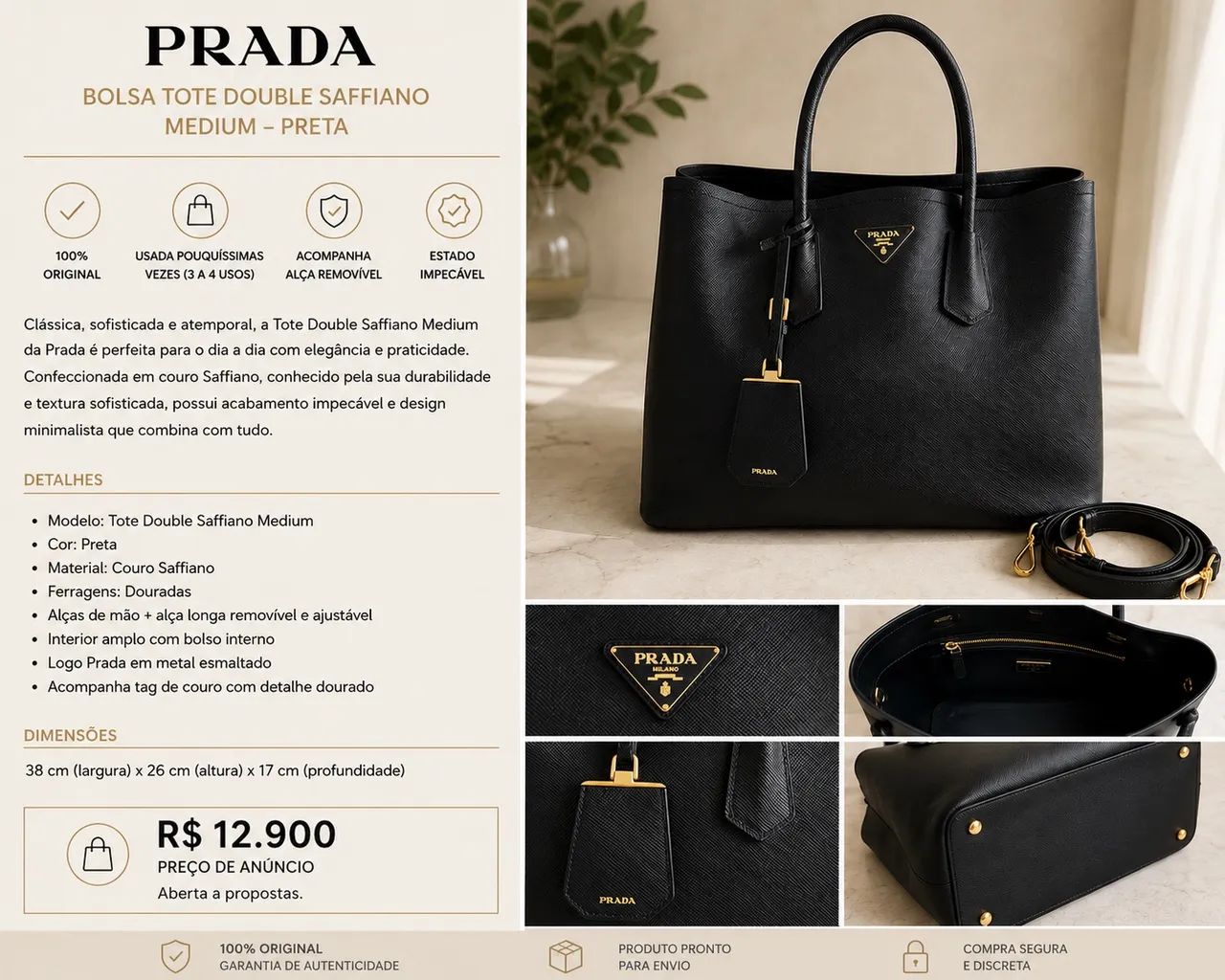 PRADA - Bolsa Tote Double Saffiano Medium Preta - Foto 3