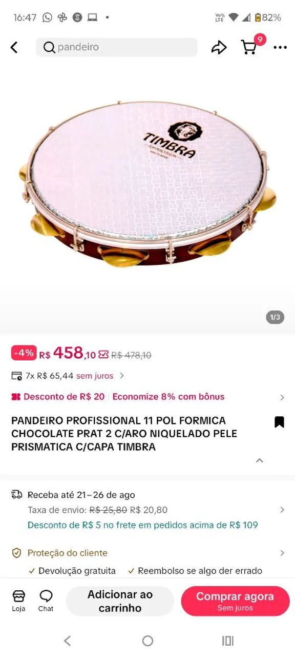 Pandeiro profissional 11 polegadas cor chocolate com dourado da marca Timbra! - Foto 5