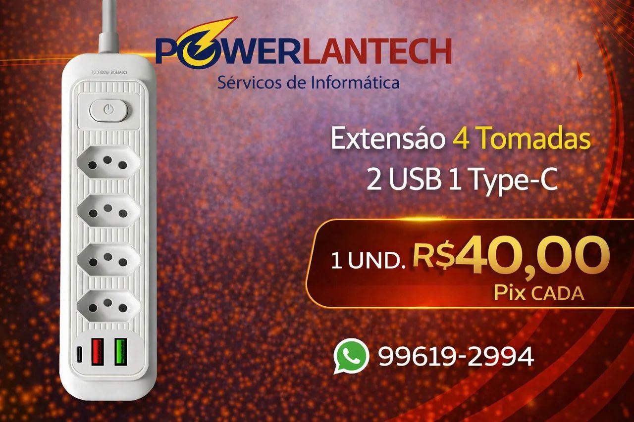 Extensão com 4 tomadas 2 USB 1 USB-c