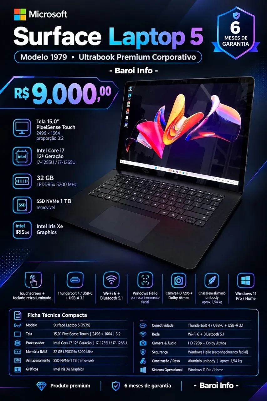 Notebook Ultrabook Surface Microsoft i7 12 - 32gb DDR5
