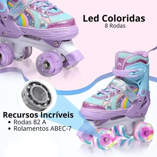 Patins Infantil 4 rodas Led  Feminina Lilás-33-36 - Foto 5
