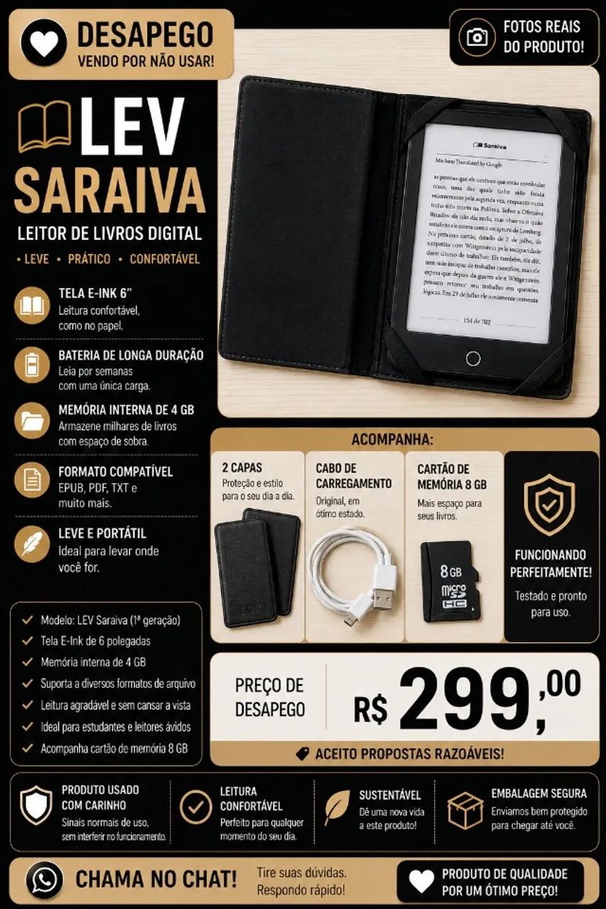 E-reader LEV Saraiva + 2 Capas + Cabo + Cartão 8GB - Foto 2