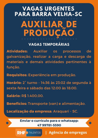 Auxiliar de produção - Barra Velha