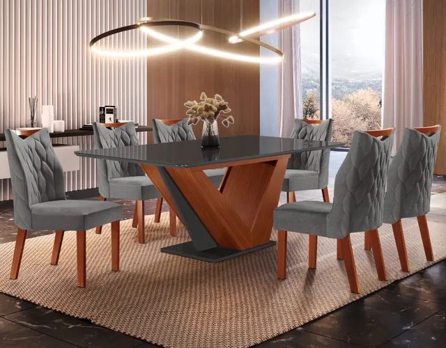 Mesa 6 Cadeiras Apollo Castanho Premium/Chumbo ftt4