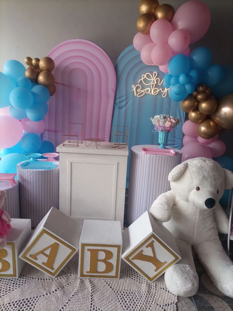 Tema Baby Chá Revelação azul e rosa - Foto 5