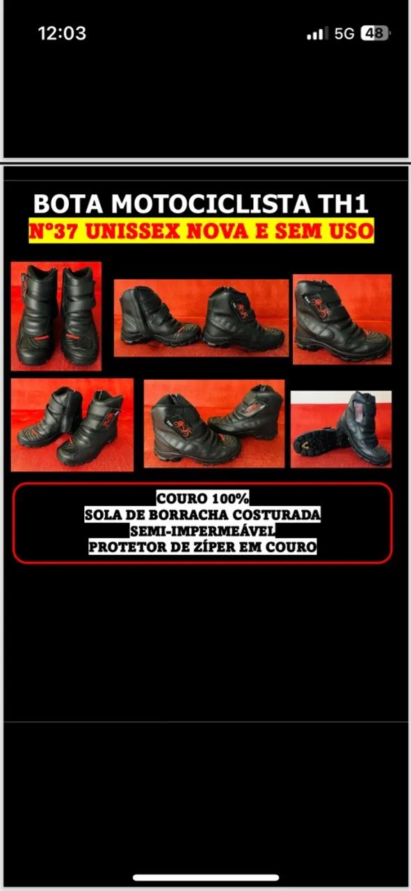 BOTA MOTOCICLISTA UNISSEX TH1, NÚMERO 37, NOVA E SEM USO