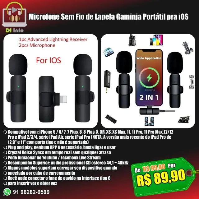 Microfone Sem Fio de Lapela Gaminja Portátil pra iOS