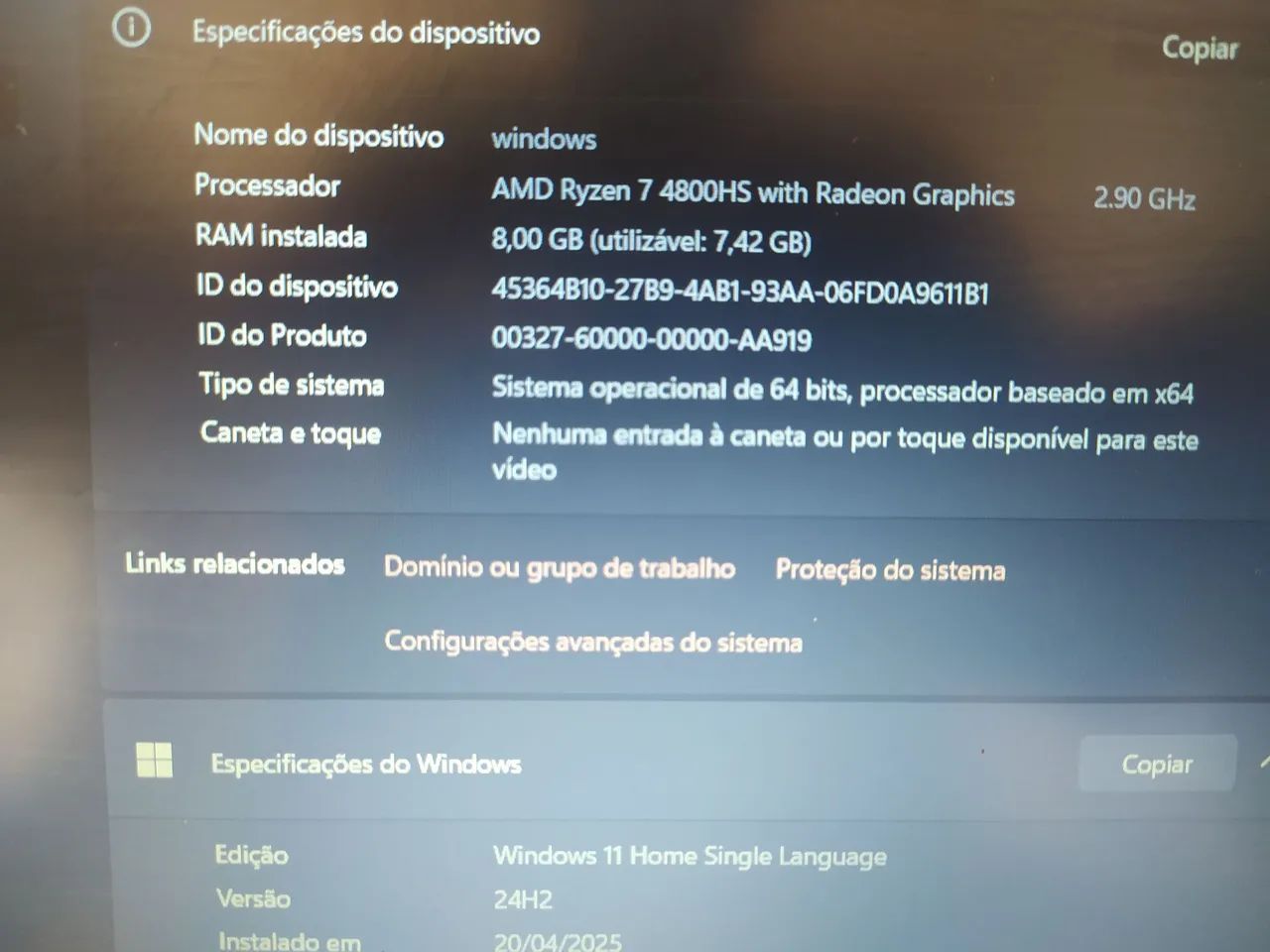 Notebook AMD Ryzen 7 4800HS 8GB RAM
