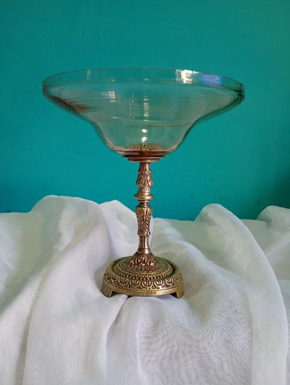 Antiga Fruteira / Centro de Mesa em Bronze e Vidro 16 cm