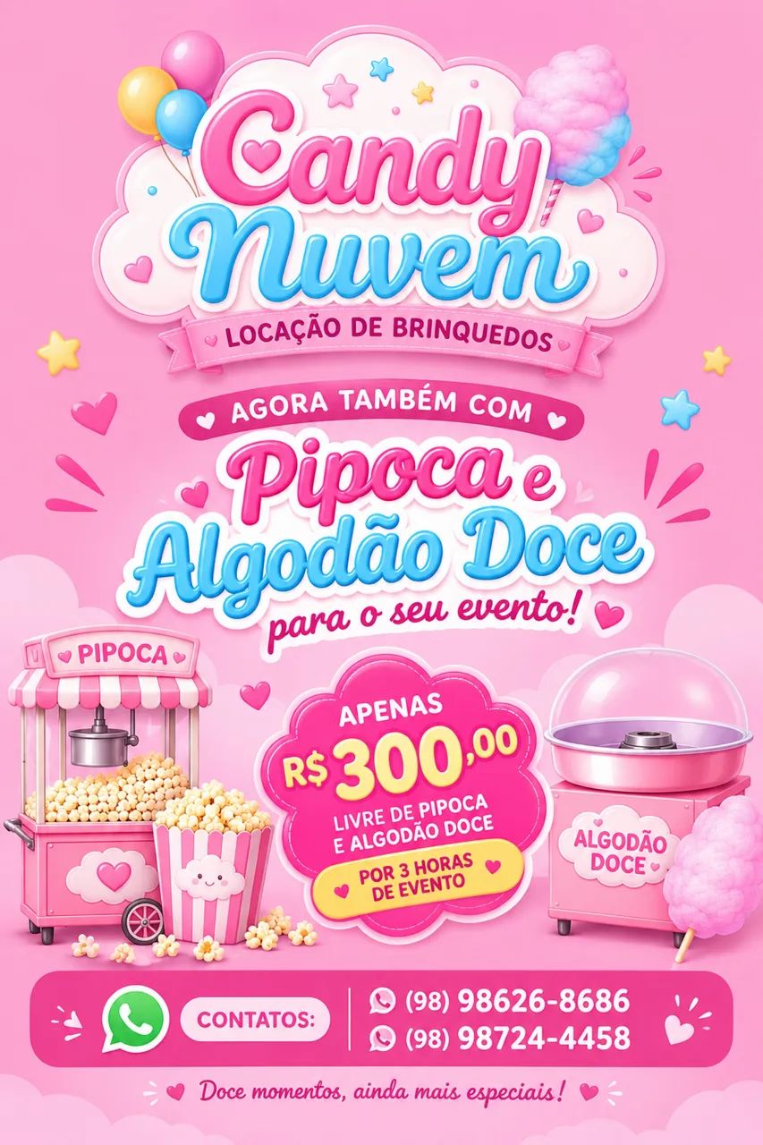 Pipoca e algodão doce para o seu evento 
