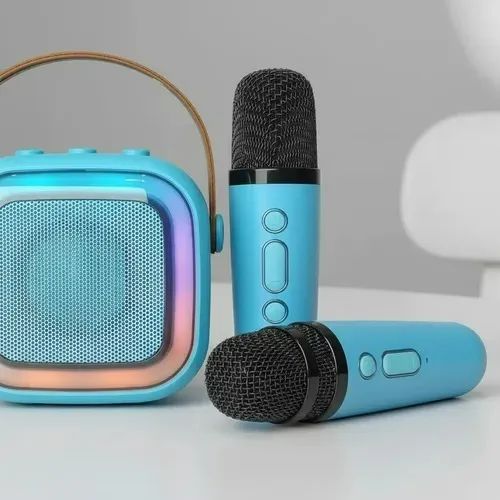 Caixa De Som Mini Karaoke Com 2 Microfones Sem Fio Com Led - Entrega Das 9 até 22hrs