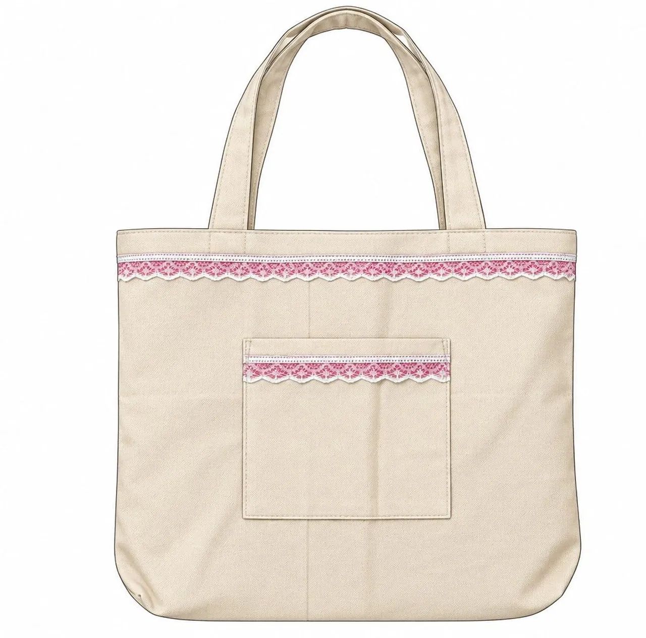 Ecobag Artesanal em Algodão Cru Creme com Renda Rosa e Bolso Frontal - Foto 3