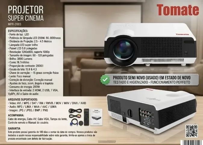 Projetor Tomate Super Cinema Mpr-2003 3000lm Branco E Preto - Foto 2