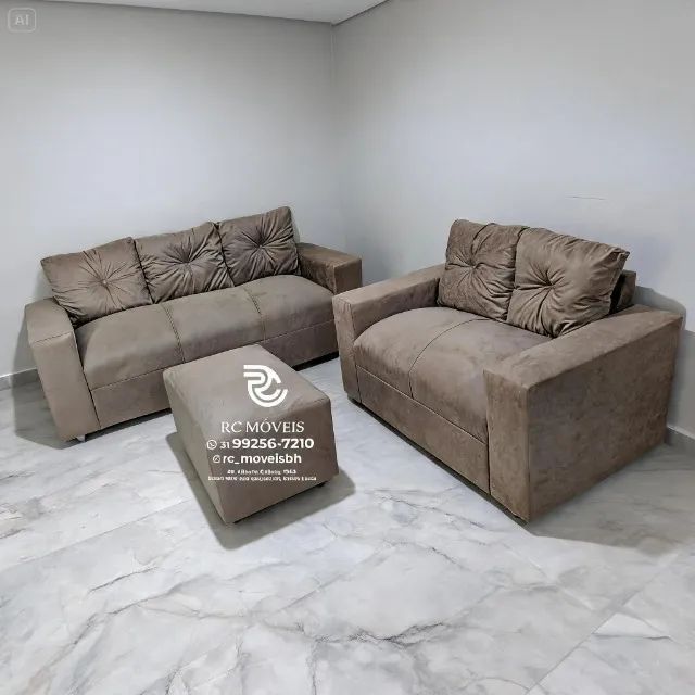 Conjunto Sofá 2 e 3 Lugares Puff Suede Cinza D33 Durável - Foto 3