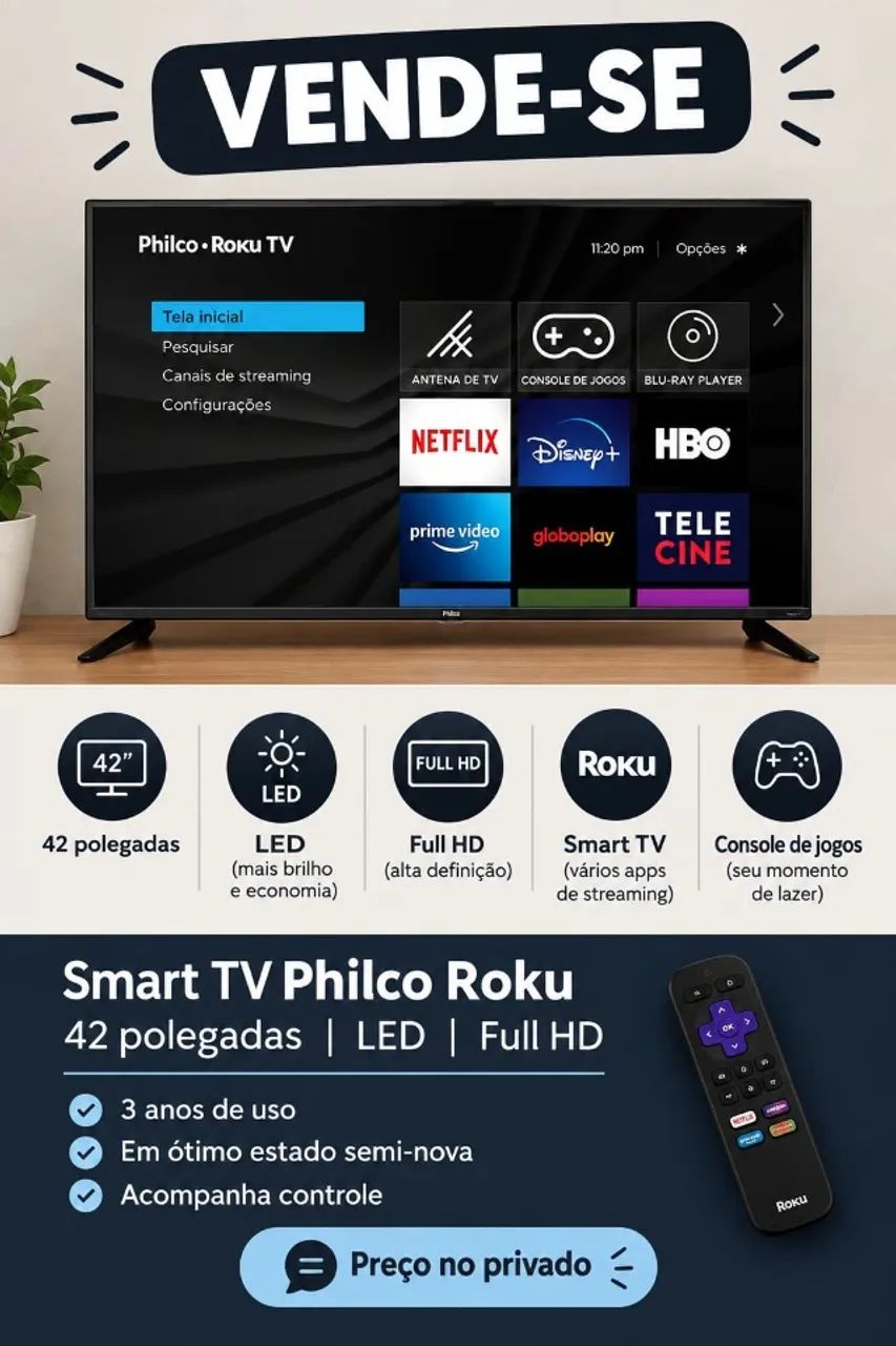 Tv LED 42 polegadas PHILCO Roku FULL HD