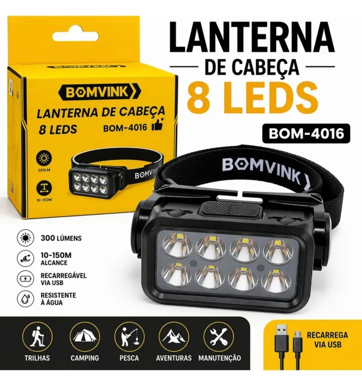 Lanterna De Cabeça 8 Leds Bom-4016 Recarregavel - Foto 2