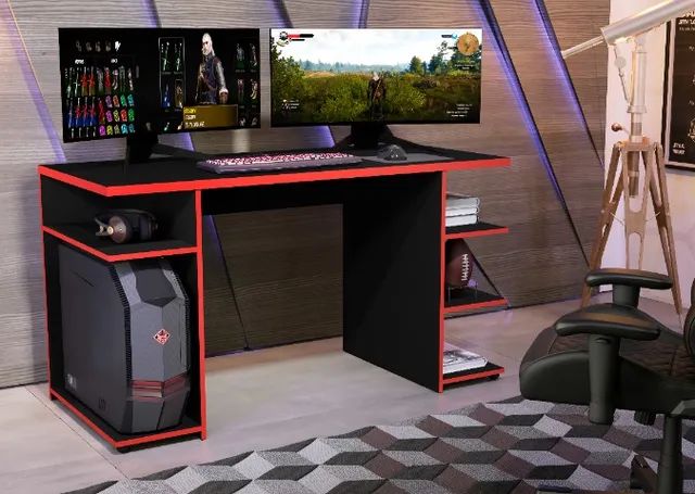 Mesa Escrivaninha Gamer Preta Com Vermelho Para Jogos Online - E