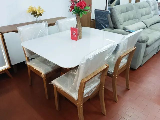 Conjunto de Jantar Mesa 1,20x0,90 + 04 Cadeiras Estofadas Celeste 100%MDF. - Foto 4