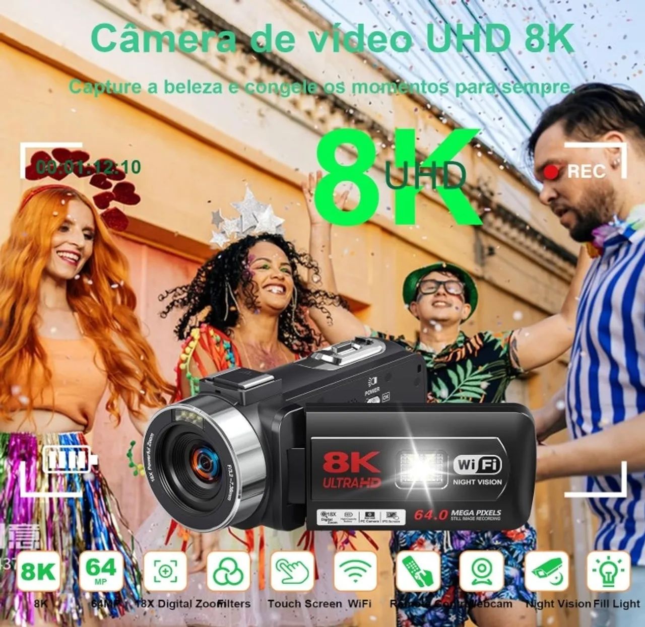 Câmera de vídeo digital 8K 64MP,Transmissão WiFi, Zoom de 18X,Tela