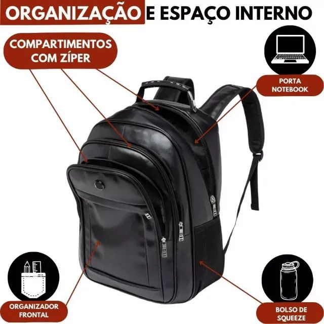 Mochila Escolar Couro Impermeável Resistente Executiva Premium Preta - Foto 3